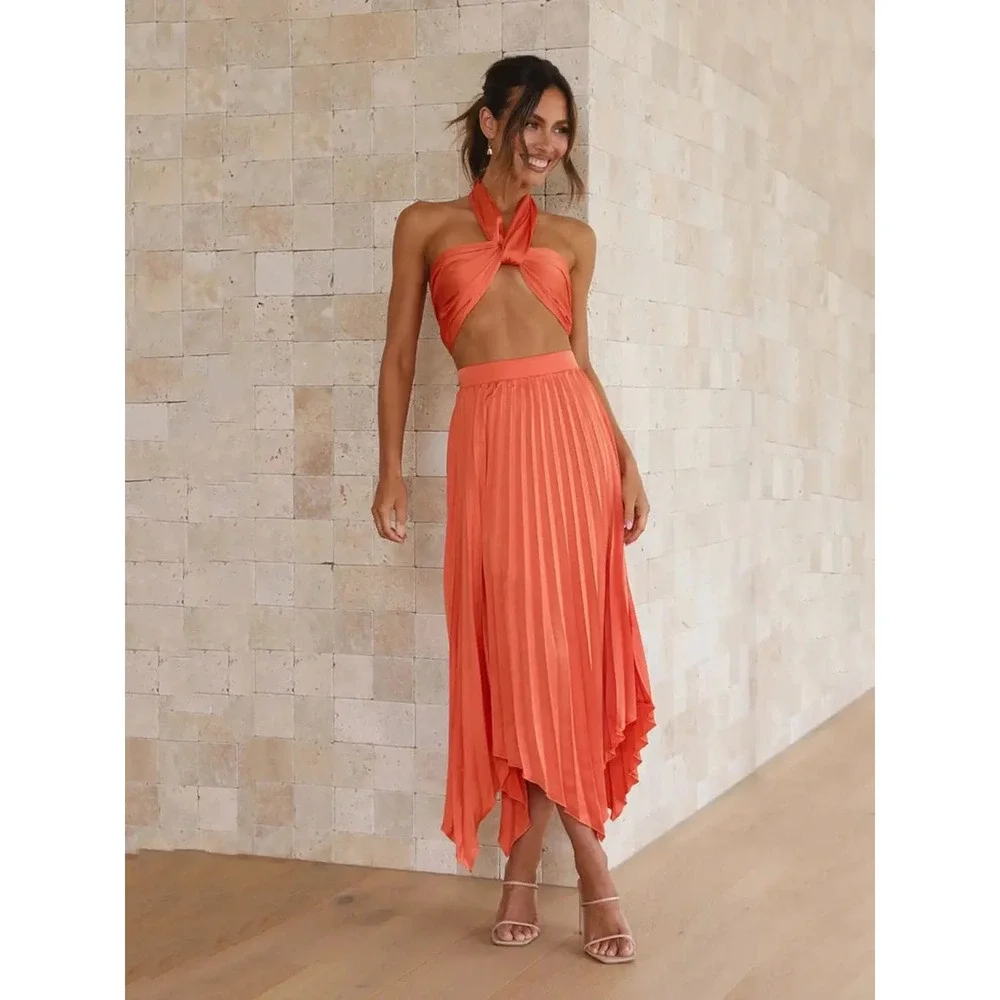 Micas Orange Pleated Two-Piece Halter Skirt Set – Elegant Summer size XL‎